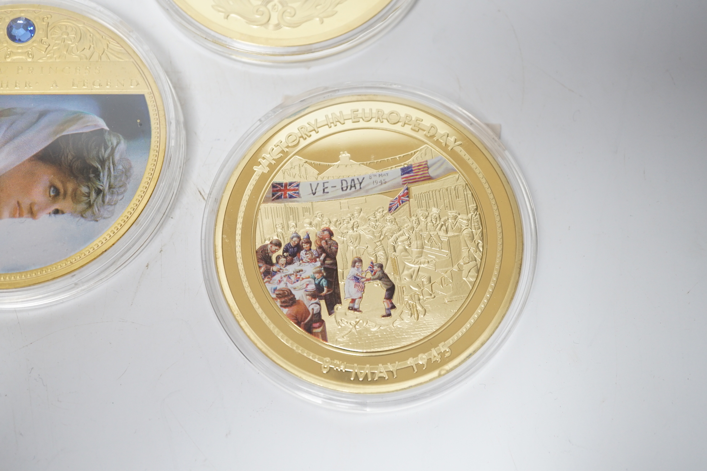 Five large gold plated commemorative medallions for VE Day, Princess Diana, The Queen, etc.
